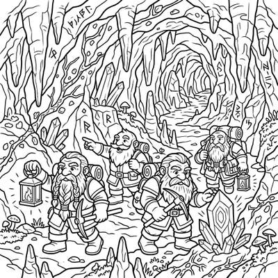 Embark on an epic underground adventure with our Dwarf Explorers coloring page. These brave dwarves delve into crystal-filled caverns, seeking ancient treasures and new discoveries.