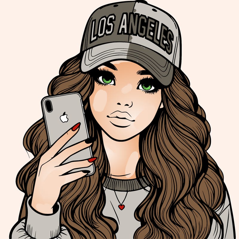 realistic beautiful girl wearing los ángeles cap holding an iphone
