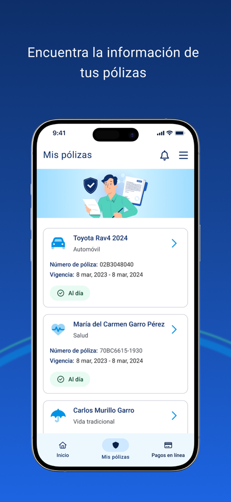 ASSA Compañia de Seguros - Interface of the ASSA app showing a list of car health and life insurance policies