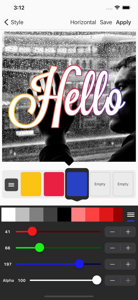 Vont app interface for editing text color gradients and styles on a video