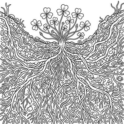 Unearth the fascinating complexity of nature with this intricate coloring page featuring the detailed root system of a shamrock. Discover a hidden world of intertwining roots, soil textures, and tiny underground dwellers, ready for your creative touch.