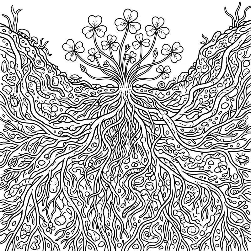 Unearth the fascinating complexity of nature with this intricate coloring page featuring the detailed root system of a shamrock. Discover a hidden world of intertwining roots, soil textures, and tiny underground dwellers, ready for your creative touch.