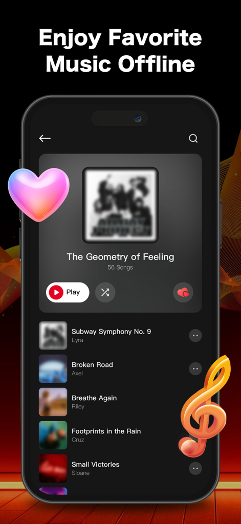 Interface of the Music Player app on an iPhone showing a playlist for offline listening.