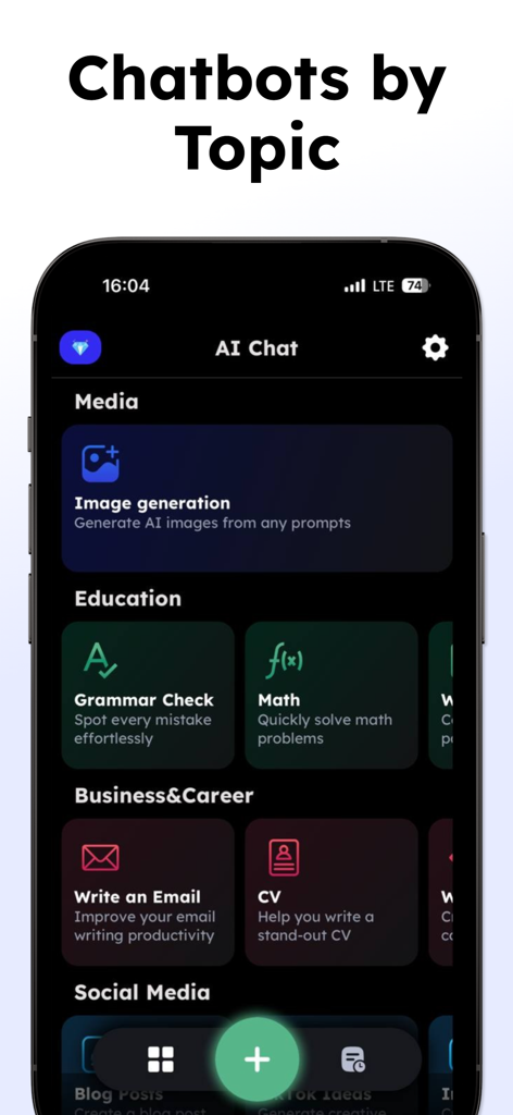 AI Chat - Smart AI Assistant - Interface of the AI Chat app showing specialized chatbots categorized by Media, Education, and Business tasks.