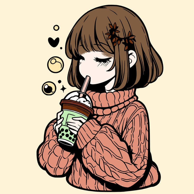 manga girl drinking boba in cozy sweater