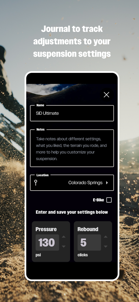 RockShox TrailHead app screen showing the journal feature to track mountain bike suspension pressure and rebound settings