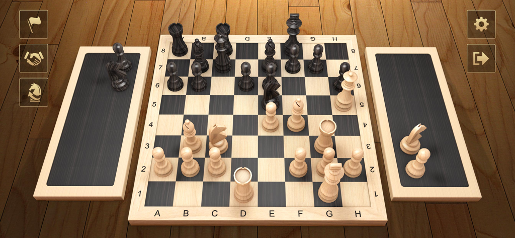 Chess - Chess Online - モバイルアプリ内のゲームメニューアイコンと木製駒が配置された3Dチェス盤