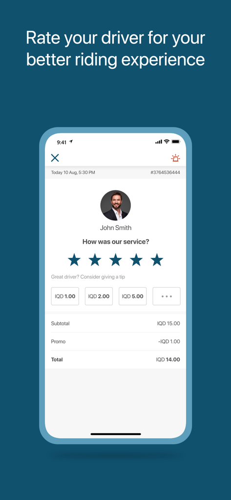Obr - A mobile screen showing the Obr taxi app rating interface with driver profile star ratings and tipping options in Iraqi Dinars