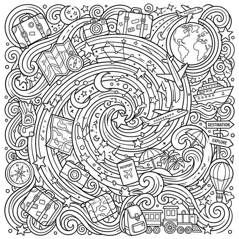 Dive into a universe of adventure with this unique coloring page, blending mesmerizing cosmic spirals with exciting vacation themes. Explore a playful scene filled with travel essentials, celestial wonders, and endless possibilities for creative expression.