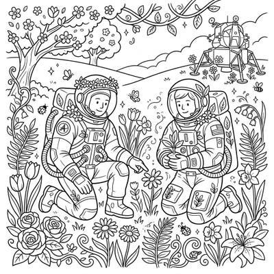 Blast off into a world where astronauts meet spring's beauty with this delightful coloring page. Discover two Apollo explorers surrounded by blooming flowers, ready for your creative touch.