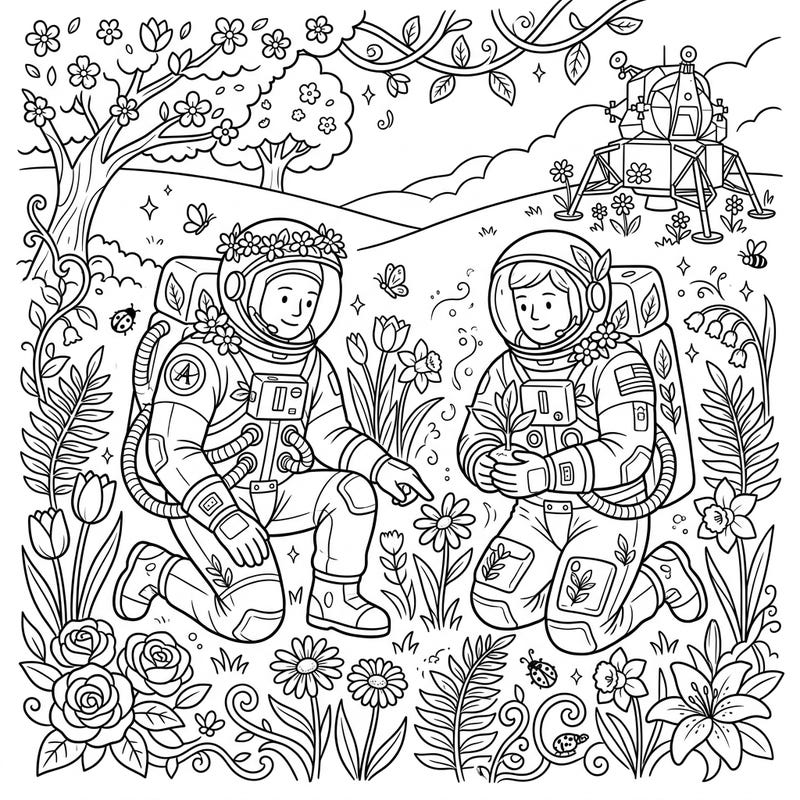 Blast off into a world where astronauts meet spring's beauty with this delightful coloring page. Discover two Apollo explorers surrounded by blooming flowers, ready for your creative touch.