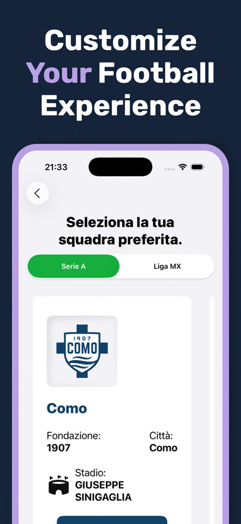 Versus: Football Widgets - Interface showing football team selection for Serie A and Liga MX clubs