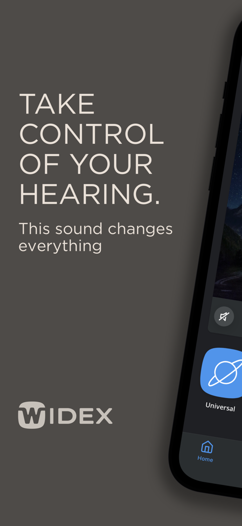 Widex Moment app welcome screen with text Take Control of Your Hearing and the Widex logo