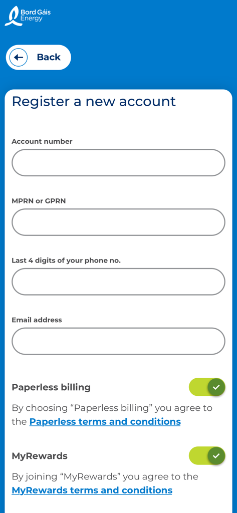 Account registration form for the My Bord Gais Energy mobile application.