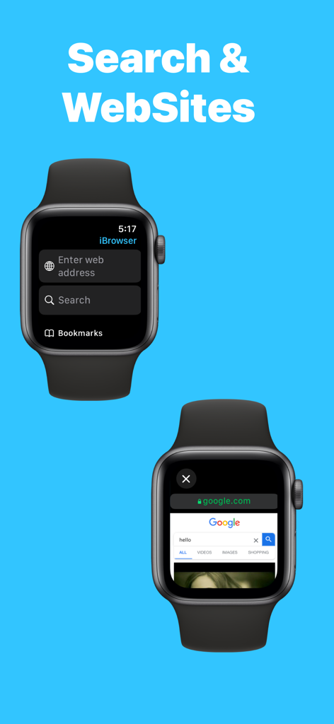 Watch Browser - iBrowser - Screenshot of iBrowser app on Apple Watch displaying the web search interface and a Google search result page.