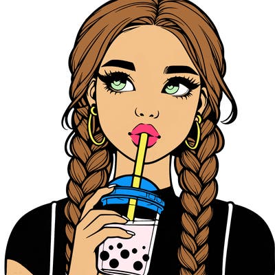 realistic girl with braided hair drinking boba