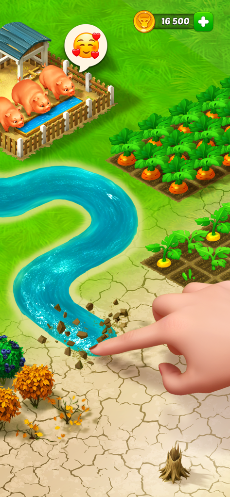 Eine Hand zeichnet einen Flusslauf zur Bewässerung von trockenem Land neben einem Schweinepferch und Feldern im Wild-West-Farmspiel.