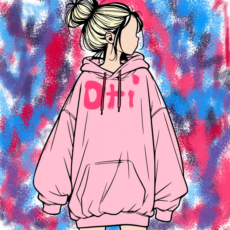 realistic girl with a oversized sweatshirt on and a bun