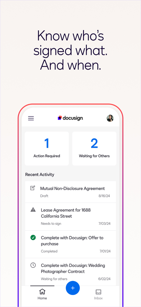 Docusign for Intune mobile dashboard showing document status updates and recent activity list