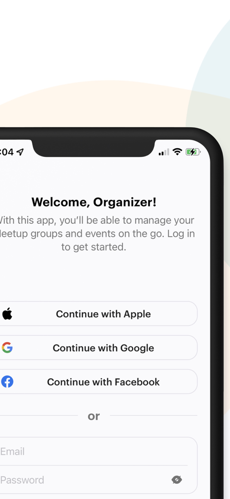 Login screen for the Meetup for Organizers app featuring social sign-in options for Apple Google and Facebook