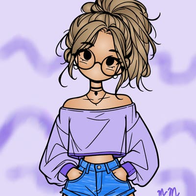 girl with a messy ponytail glasses a baggy crop top and jean shorts