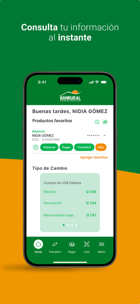 Banrural mobile app home screen displaying account details and current exchange rates