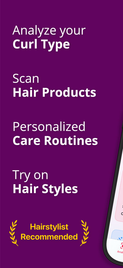 Curly Hair Scanner & Care Plan - List of app features including curl type analysis, hair product scanning, personalized care routines, and hair style try-on.