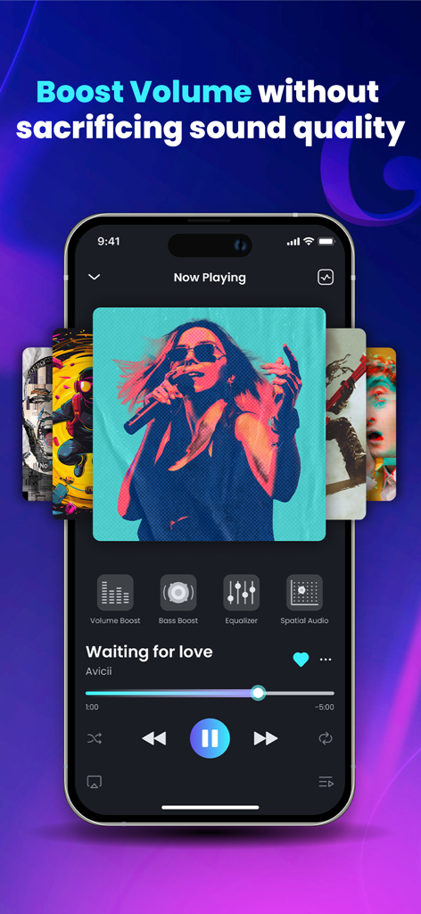 Volume Booster App 'Now Playing'-Bildschirm mit Albumcover und Audio-Verbesserungssteuerungen