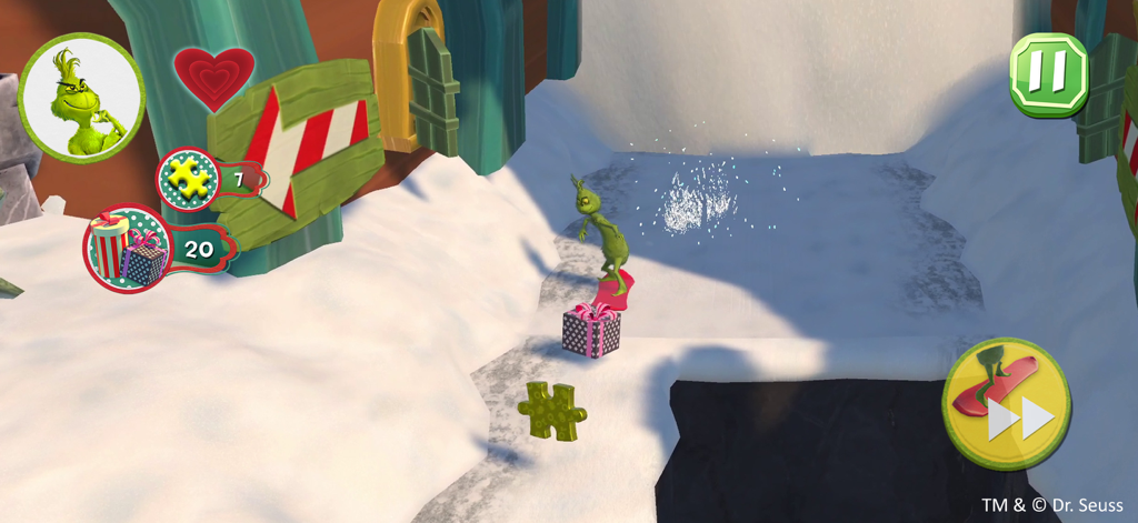 The Grinch - The Grinch snowboarding on a snowy path collecting gifts and puzzle pieces