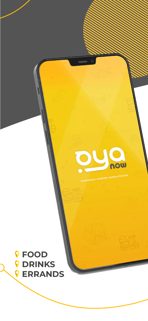 OyaNow mobile app interface for food, drinks and errands delivery services
