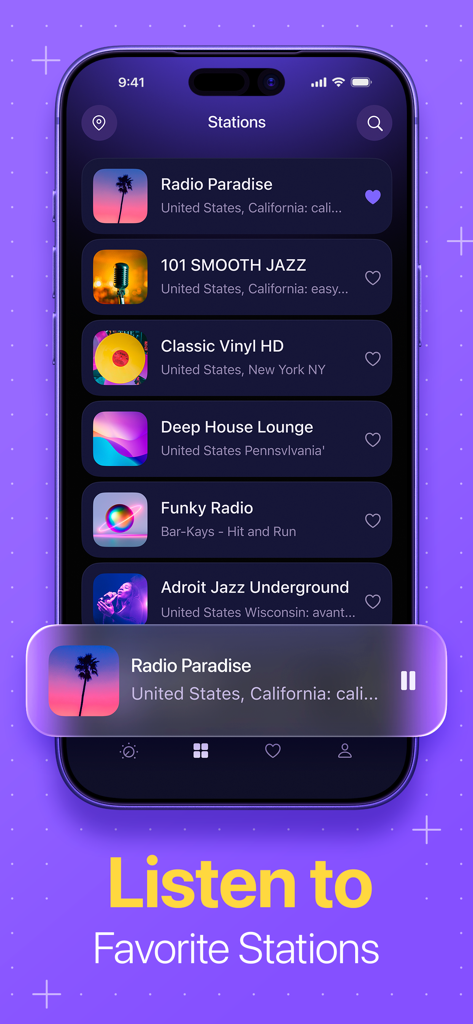 Radio: Live FM AM - Interfaz de la aplicación Radio Live FM AM mostrando una lista de estaciones de música y noticias favoritas en un iPhone.