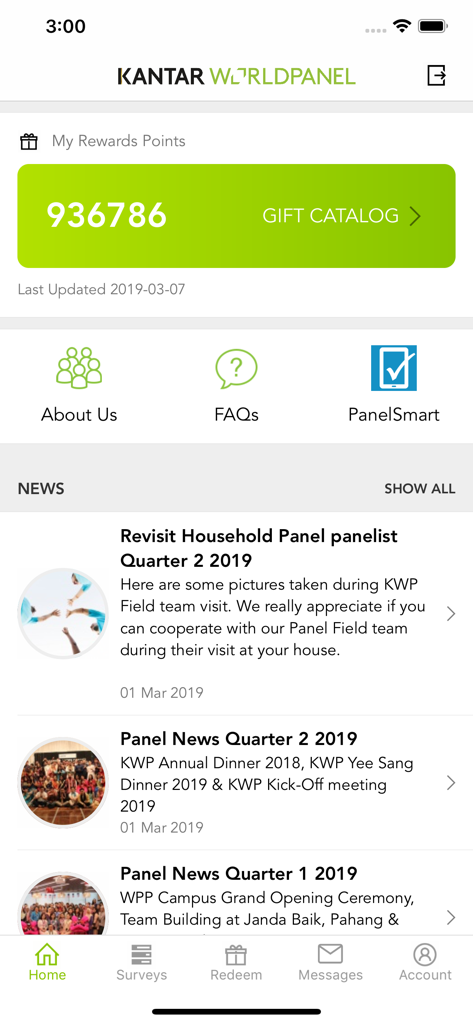 Panel Home - Home screen of the Panel Home app showing current reward points and a gift catalog link
