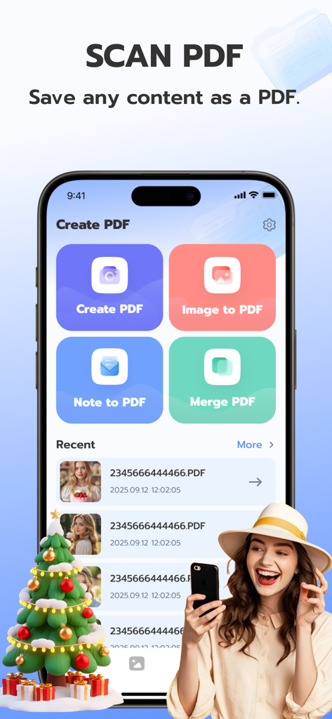 PDFスキャンのモバイルアプリダッシュボード。画像からPDFへの変換機能やドキュメント結合機能が表示されています。