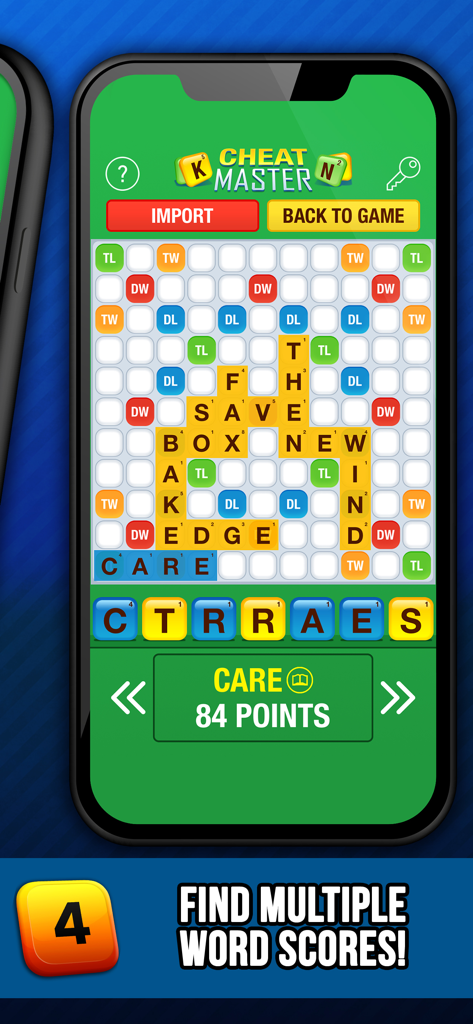 Cheat Master app interface showing a word game board with a high-scoring word suggestion of 84 points