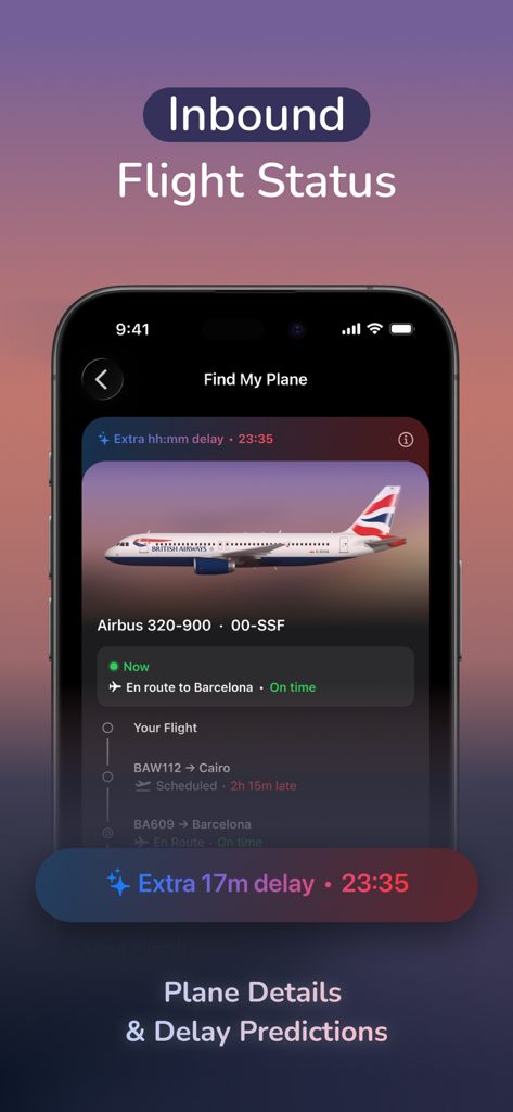 byAir: Live Flight Tracker - byAir app interface showing inbound flight status and delay predictions for a plane