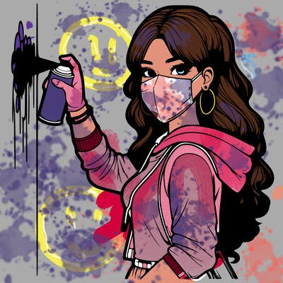 realistic girl with mask spray painting a wall