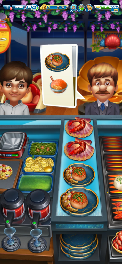 クッキングフィーバーのレストランゲームで、顧客にシーフード料理を提供しています。