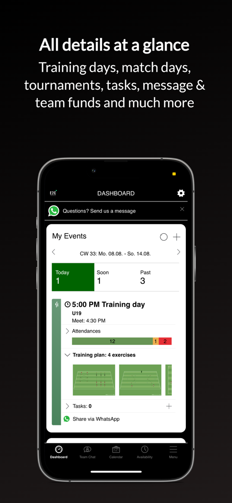A smartphone screen displaying the easy2coach team manager dashboard with soccer training schedules and attendance