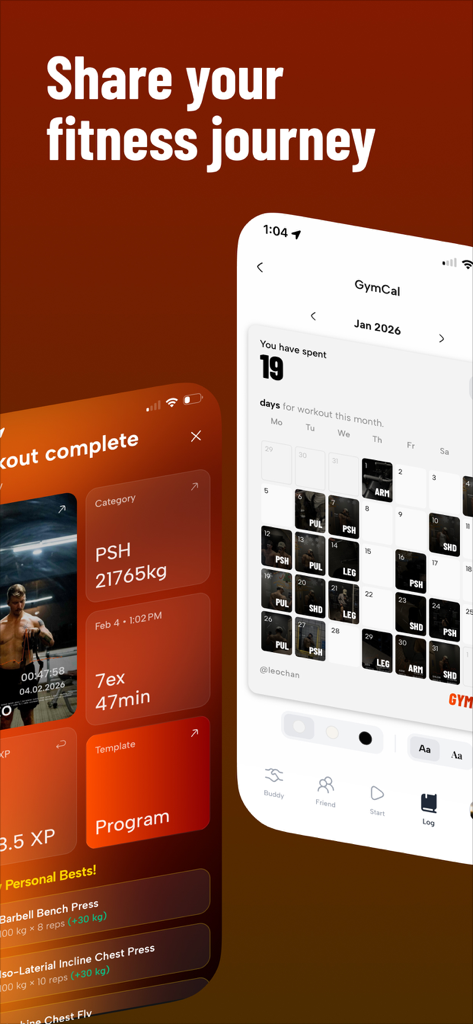 GYMRAT app interface showing a workout completion summary and a monthly training calendar