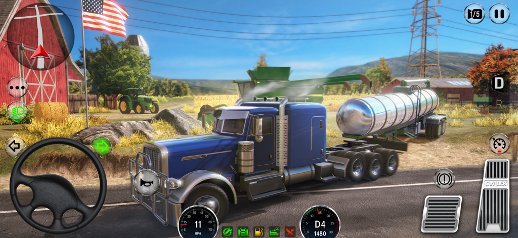 A blue semi-truck with a silver tanker trailer in a rural farm environment with an American flag