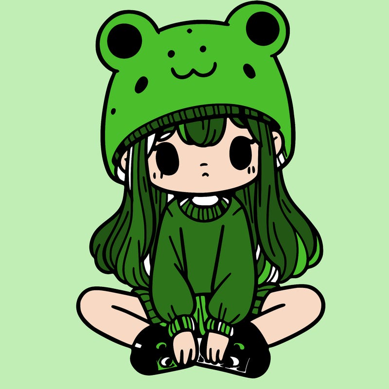 a girl wearing a frog hat and some frog socks