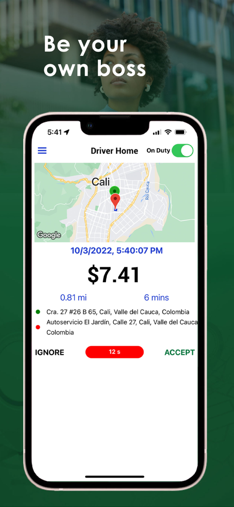 Nubeli Driver app interface displaying a ride offer with earnings details and a pickup location on a map.