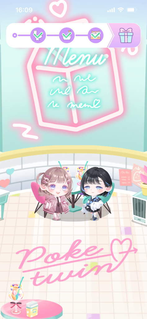 Two cute anime avatars in a pink neon cafe from the Pokecolo Twin app