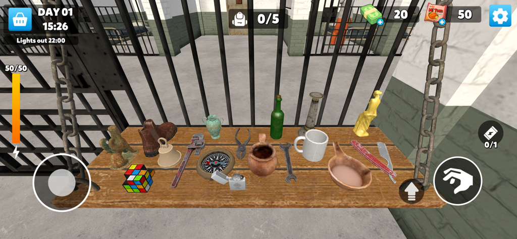 A collection of various objects like tools and statues on a wooden shelf inside a prison cell in Mission X Justice.