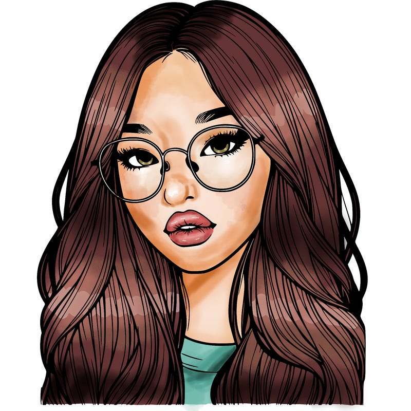 realistic korean girl with long hair, glasses and big lips
