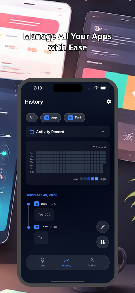 App Hub : Manage & Plan Apps - App Hub interface displaying development history and an activity record heat map