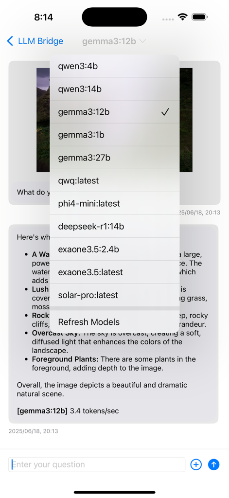 LLM Bridge - Multi LLM Client - A screenshot of the LLM Bridge app showing a dropdown list of available AI models for selection.