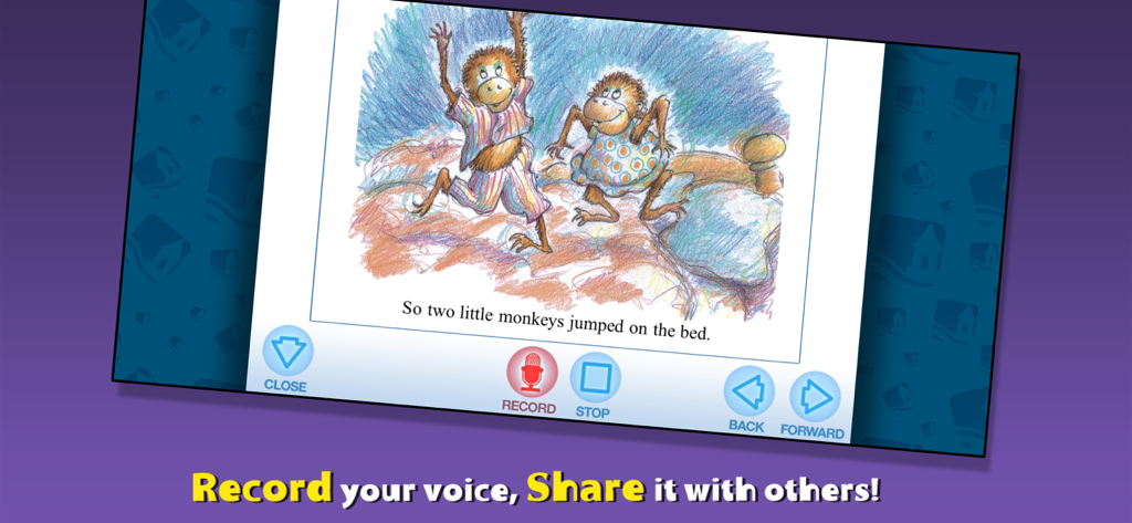 Dos monos saltando en una cama en la aplicación de libro interactivo con una función de grabar tu propia narración