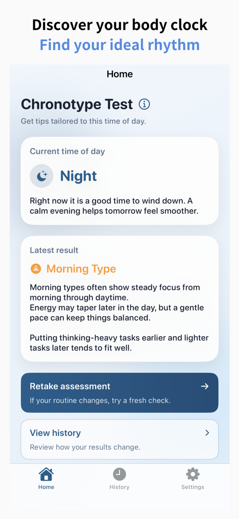 Body Clock: Chronotype Test - The home screen of the Body Clock app displaying a Morning Type chronotype result and personalized nighttime productivity advice.