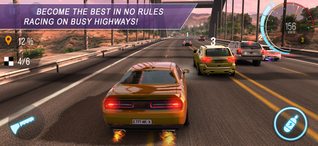 Muscle car racing through highway traffic at high speed in CarX Highway Racing.